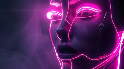  intricate robotic head, sleek and futuristic, emitting digital patterns against a neon-lit gradient
