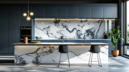 photograph of Empty and clean marble dining table in kitchen. Modern monochrome interior with blue drawers on wooden furniture.