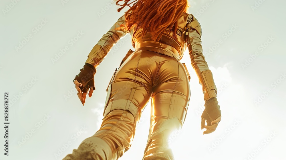 Wall mural woman in futuristic gold outfit with red hair in summer sky - Wall murals
