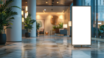 roll up mockup poster stand in an shopping center or mall environment as wide banner design with blank empty PNG 