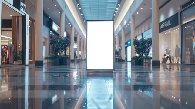 roll up mockup poster stand in an shopping center or mall environment as wide banner design with blank empty PNG 