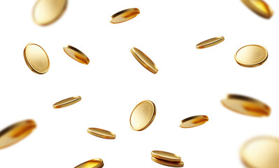  Falling coins, falling money, flying gold coins, golden rain isolated on free png background.  Money success concept. Poster.