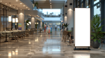 roll up mockup poster stand in an shopping center or mall environment as wide banner design with blank empty PNG 