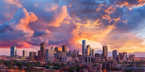 Obraz premium A vibrant cityscape against a backdrop of dramatic sunset skies with vivid colors and clouds