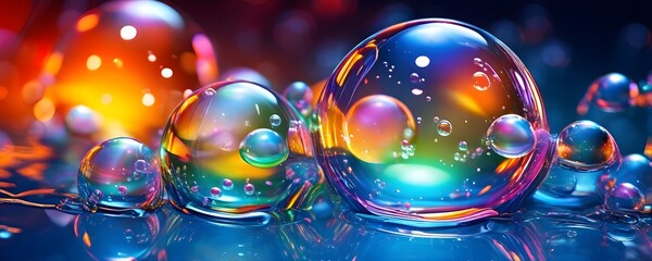 iridescent bubbles and liquid droplets contained within glistening