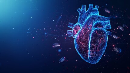 Human heart medical structure and capsule pills medications. Blood supply system. Hypertension, stroke, heart attack, arrhythmia. Heart symbolizing its vitality and importance in the human anatomy.