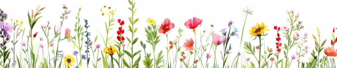 wide panoramic floral illustrations of different color flower plants in white background  