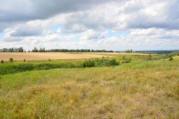 a valley with agricultural field with clouds in the sky 
