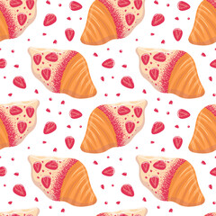 Viral trendy flat croissant with white icing, sublimated strawberries. Hearts. chocolate, dried berries. Vector food illustration, Seamless pattern. For wallpaper, fabric, wrapping, background.