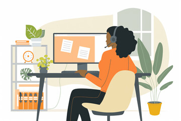 Fototapeta premium An illustration of a woman working from home, wearing a headset, and participating in a video conference. Ideal for promoting remote work, online meetings, and virtual collaboration. Generative AI