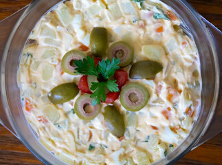 Traditional potato salad, rustic homemade mayonnaise