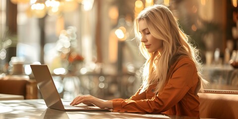 Woman working remotely on laptop in a coffee shop. Concept Remote Work, Laptop, Coffee Shop, Woman, Technology