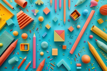 Energetic backtoschool scene, geometric shapes and subject symbols exploding, topdown view, bright colors