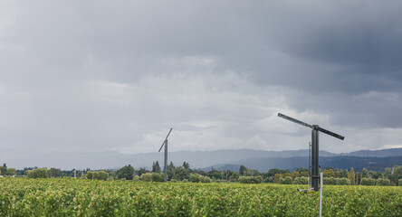 Wind generators turbines on summer vineyard landscape under cloudy sky before rain moves in. Header for website