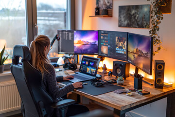 A woman works at a desk with multiple monitors in a stylish, modern home office. The workspace is illuminated by natural light from large windows. Generative AI