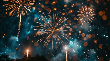 Naklejka premium Wonderful vivid fireworks exploding on background of black night sky for celebration