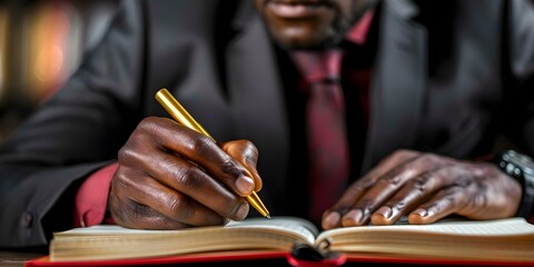 Black mans hand writing in a notebook in closeup view. Concept Handwriting, Closeup, Notebook, Black Man, Writing