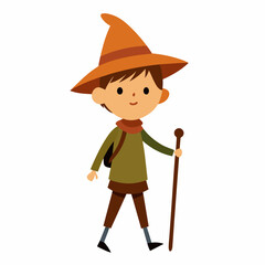 isolated simple cartoon sketch of a child who is a hiker, nature explorer who is wearing a wizard hat on a clean white background with a walking stick