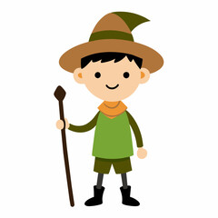 isolated simple cartoon sketch of a child who is a hiker, nature explorer who is wearing a wizard hat on a clean white background with a walking stick