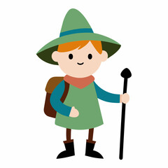 isolated simple cartoon sketch of a child who is a hiker, nature explorer who is wearing a wizard hat on a clean white background with a walking stick