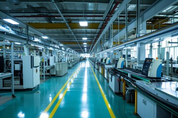 Fototapeta premium Intelligent factory production line, Robots working in a busy industrial factory, assembling products on conveyor belts. AI generated