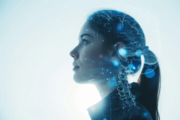 Woman profile with brain hologram over white and blue background with circuits interface. Artificial intelligence concept. Double exposure mock up 