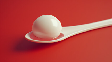 an egg inside of a spoon on red background, in the style of rendered in cinema4d, japonism influenced pieces, dark white and crimson, mcdonaldpunk, fluid, organic shapes, bombacore, made of rubber 