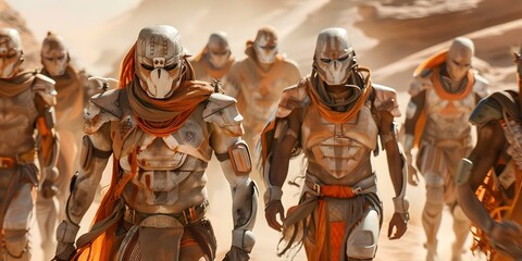 Futuristic tribe in desert film scene gearing up for battle. Concept Desert Setting, Futuristic Costumes, Tribal Warriors, Film Scene, Battle Preparation
