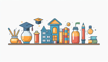 Colorful, minimalist illustration of school supplies