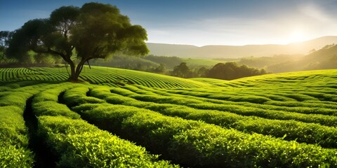 A picturesque tea plantation with orderly rows of bushes basking in sunlight, a common feature in brochures. Concept Landscape Photography, Nature Scenes, Agricultural Beauty, Sunny Tea Fields