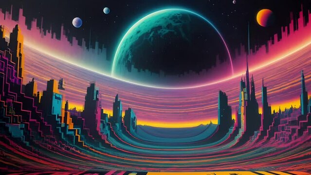 Surreal transforming dreamscape with neon cityscape and planets in a colorful night sky. Generative AI animation