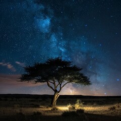 tree,night,quite,star,blue, landscape, night sky, starry sky，