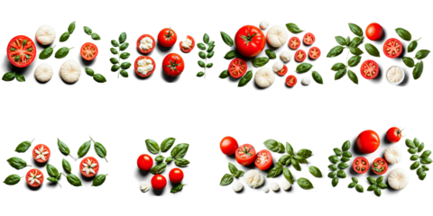 transparent mockup image of Tomato, Basil, Mozzarella done in a realistic style for a breakfast or snack concept, suitable for a food and cooking theme, transparent background