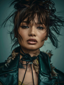 An artistic close-up of a woman with hair blowing in the wind, dramatic lighting and intense gaze, portraying confidence