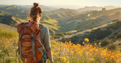 a woman hiking in high spirits, with rolling hills in the backdrop.