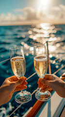 a couple on a boat, sea breeze in their hair, toasting to a perfect day