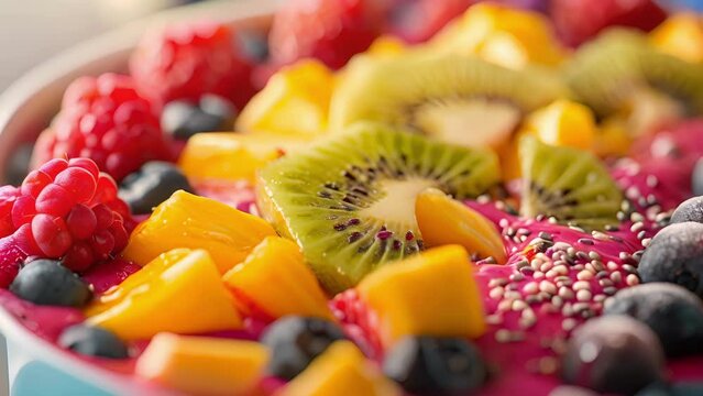 A colorful berry and mango smoothie bowl topped with a variety of tropical fruits like kiwi papaya and pineapple for a nutritious treat.