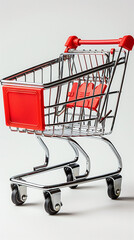 a wide panoramic promotional background image of isolated empty shopping cart trolley parked near a white color textured wall with copy space   