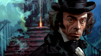 A dramatic portrait of a respectable gentleman amidst the smoky, foggy atmosphere of the streets of Victorian London