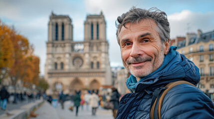 a beaming man with picturesque town in soft focus.