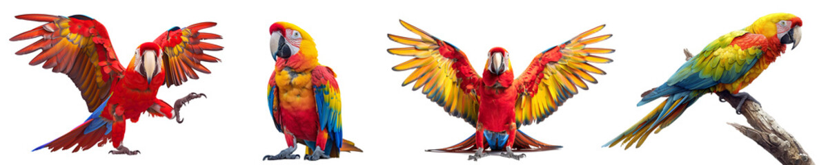 Obraz premium Happy macaw parrot portraits, isolated on a transparent background, showcasing its colorful feathers..