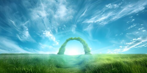 Enchanting Nature Scene: Beltane Archway in a Springtime Meadow under Stormy Skies. Concept Nature Photography, Beltane Archway, Springtime Meadow, Stormy Skies, Enchanting Scene