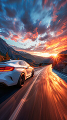 a modern SUV speeding along a scenic mountain pass, under a sky painted with sunset hues.