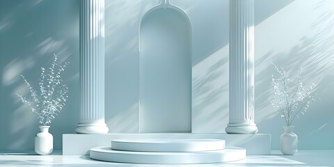 D White Roman Podium with Greek-Inspired Design for Product Display or Stage. Concept Event Decor, Ancient Greece Theme, Product Presentation, Stage Design, White Pedestal