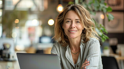 Obraz premium a woman leaning towards her laptop, a warm smile gracing her face.
