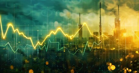 3D graph in virtual space portrays dwindling carbon emissions over time against futuristic corporate buildings. Corporate carbon reduction