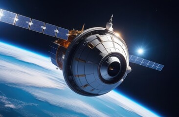 Satellite of planet Earth in space. Technologies in space. View of the globe from orbit.