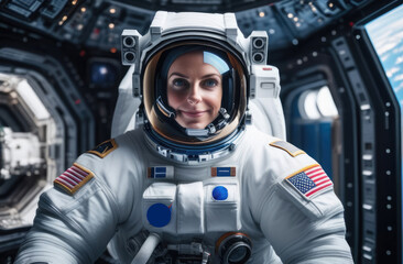 A female astronaut on a space station in a spacesuit smiles. Flights into space