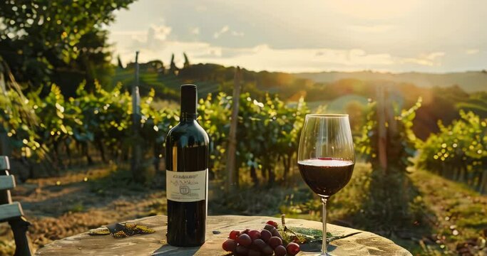 Tuscany vineyard elegance captured with red wine bottle and glass on a table