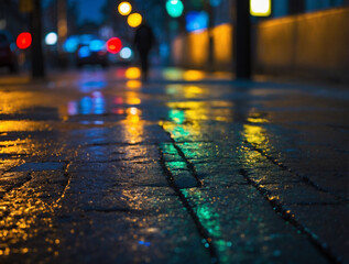 abstract light background bokeh photography of neon reflection after the rain in the street